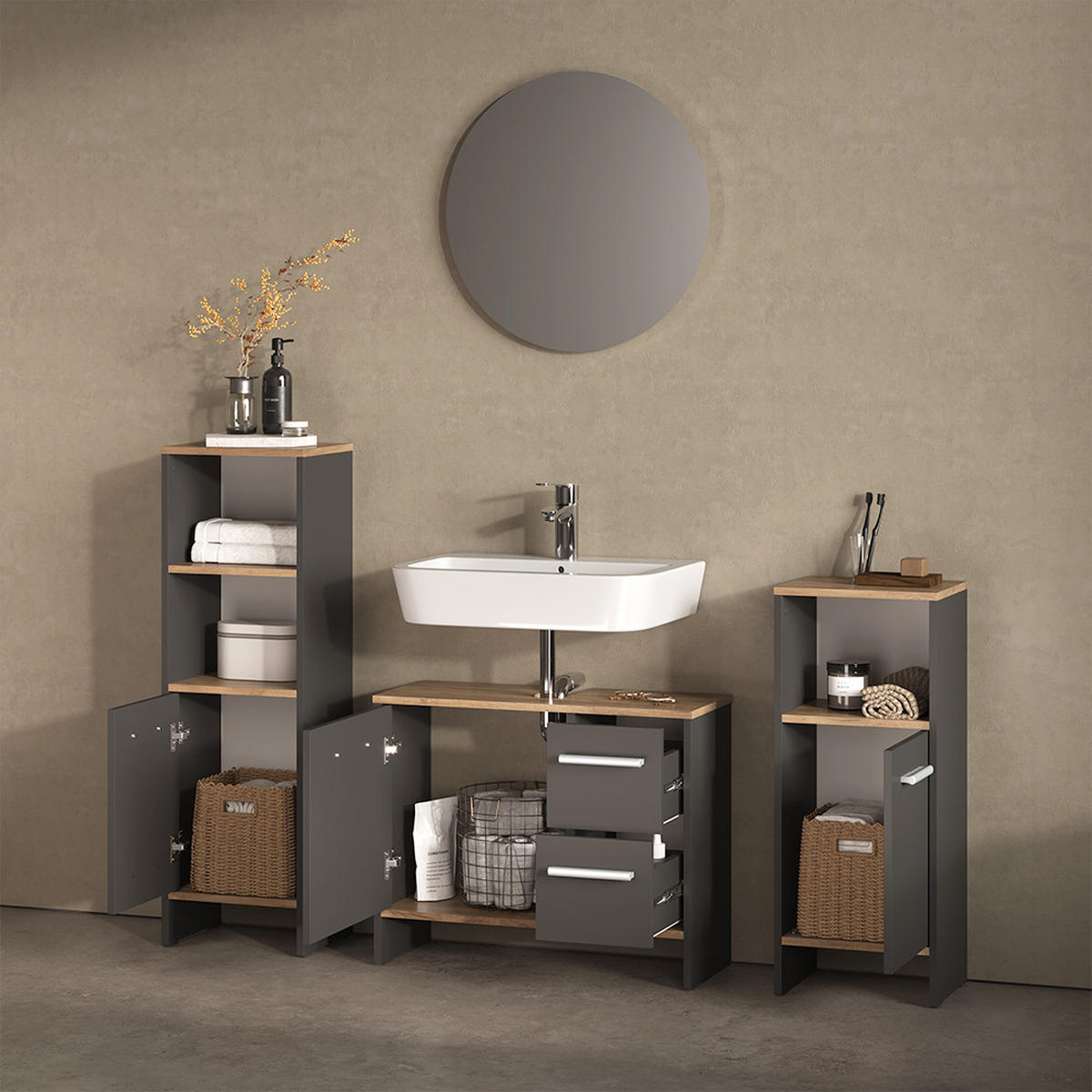 WASCHBECKENUNTERSCHRANK Amalfi Anthrazit/Goldkraft Eiche 70.2 x 57 cm mit 2 Schubladen und 1 Tür - Honigeiche/Anthrazit, Holzwerkstoff (70.2/57/27.9cm) - Livinity®
