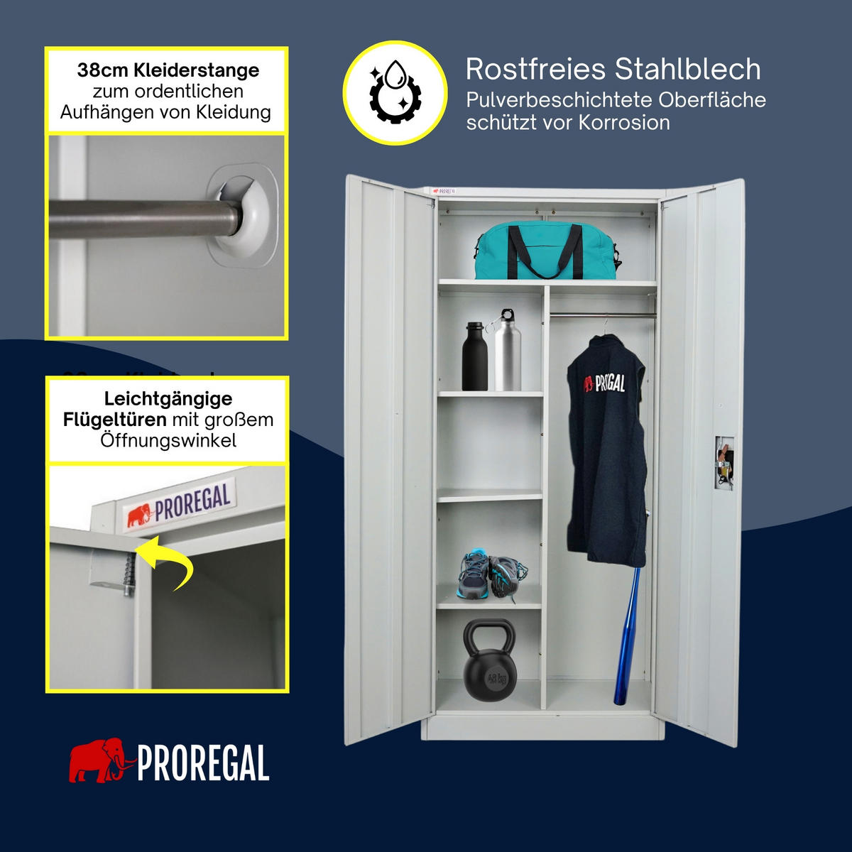 FLÜGELTÜRENSCHRANK Elephant 2er-Set komplett montiert 180x80x40cm 6 Fächern & Kleiderstange Lichtgrau - Hellgrau, Metall (160/180/40cm) - PROREGAL