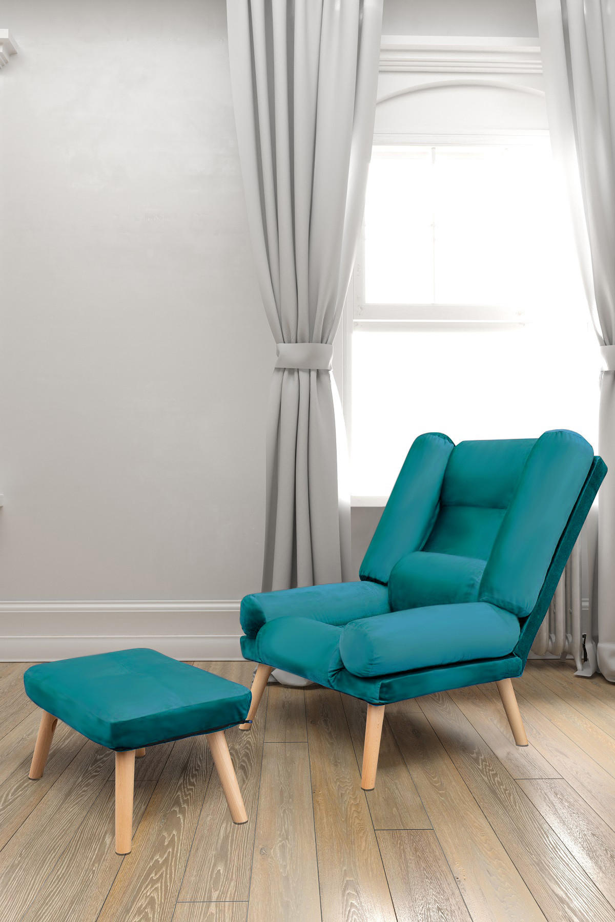 SESSEL Lola mit Fußhocker Rückenlehne 5-stufig einstellbar, türkis - Türkis/Blau, Holz/Kunststoff (75/100/60cm) - Margaret Hadas24