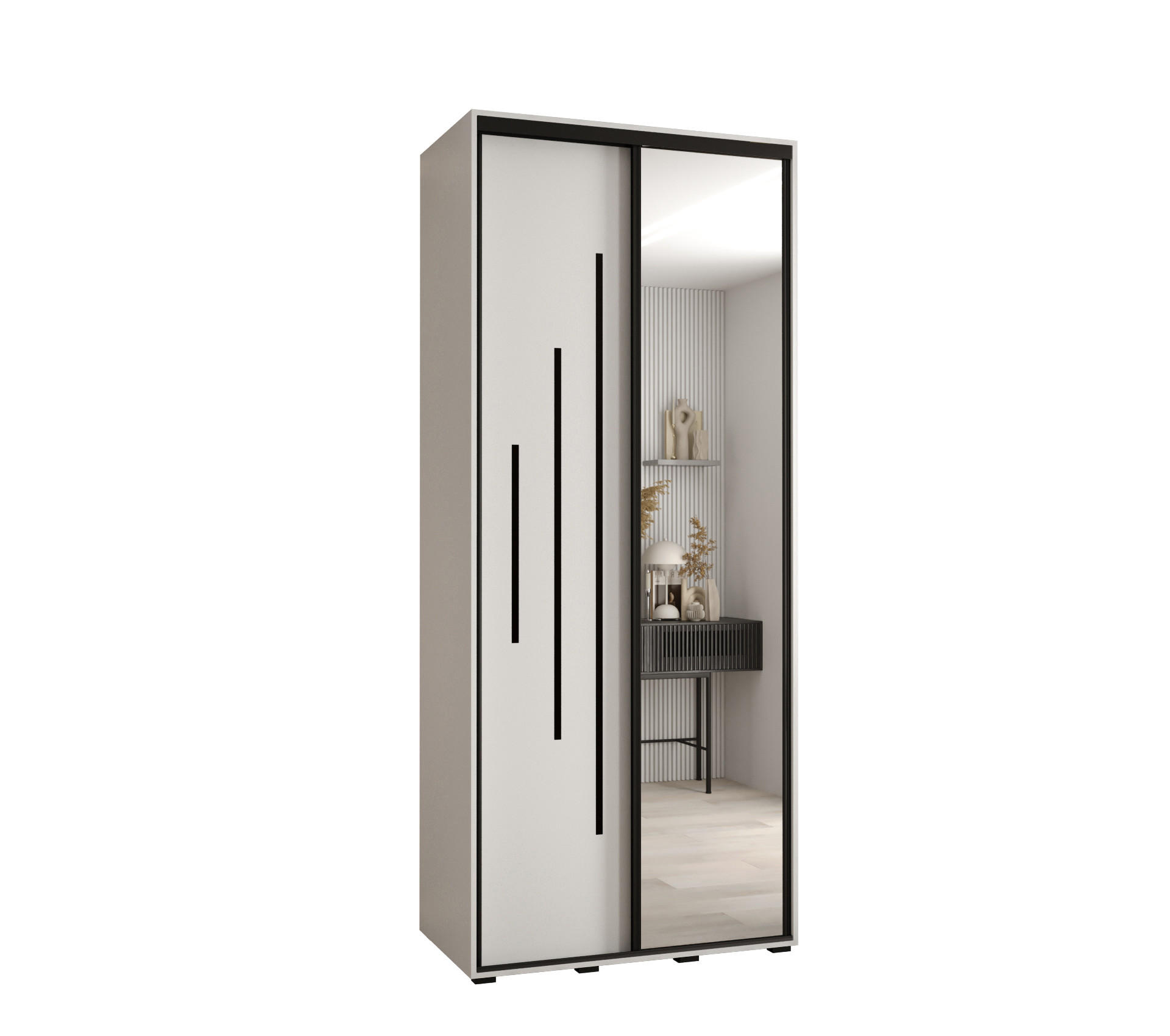 Abiks Möbel Schwebetürenschrank Weiß, Weiß, Schwarz 120x235x60 cm