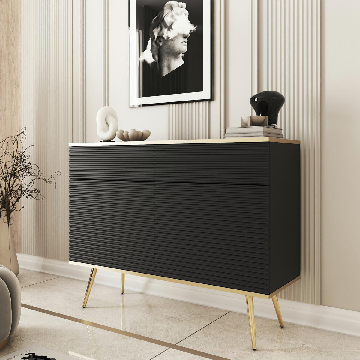 SIDEBOARD BANFF KOM3-2D2S Goldene Metallbeine, geriffelte Fronten, Schwarz - Schwarz, Holzwerkstoff/Kunststoff (107/85/39cm) - Komodee