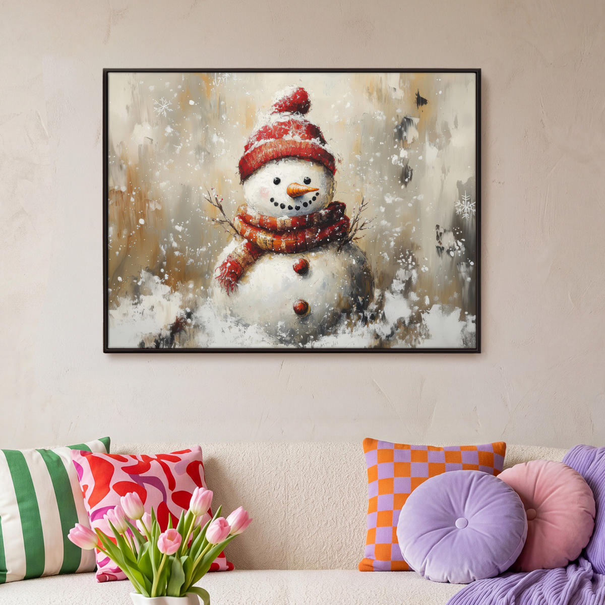 LEINWAND Bilder mit Rahmen - Schneemann - Winter - Schnee - Beige - 100x70 - Weiß, Textil (100/70cm) - MuchoWow