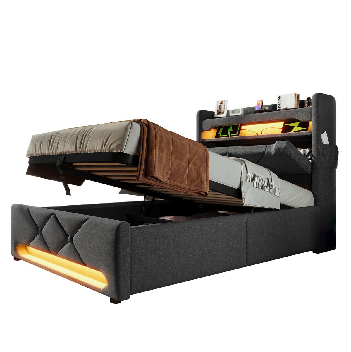 POLSTERBETT mit LED-Beleuchtung 90/200 cm mit Bettkasten und USB-C, Grau - Grau, Textil (90/200cm) - BEAOK