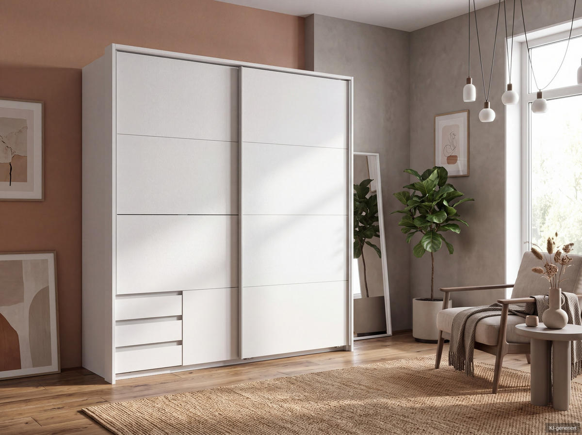 SKŘÍŇ S VZPŘÍMENÝMI DVEŘMI, 2dveřová, 183 × 65 × 200 cm (Š×H×V), skříň Passepartout v bílé barvě s viditelnými zásuvkami / 22695 - bílá/barva hliníku, kov/kompozitní dřevo (183/200/65cm) - luma-home