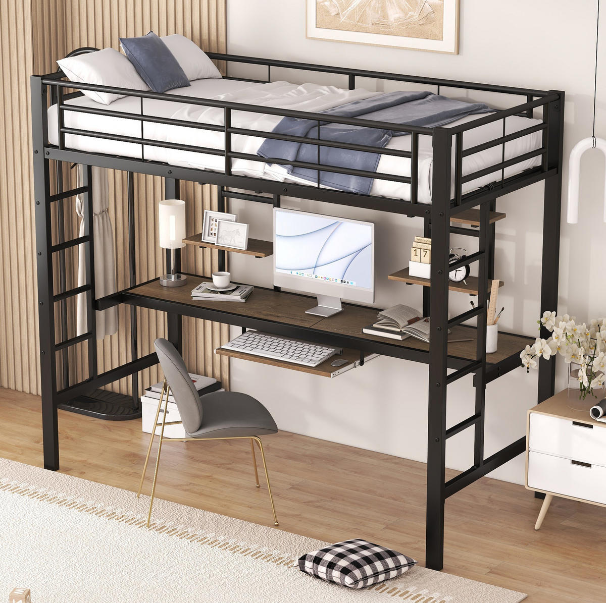 HOCHBETT mit Schreibtisch 90/200 cm in Schwarz – mit 2 Regalen und Rausfallschutz - Schwarz, Metall (90/200cm) - BEAOK