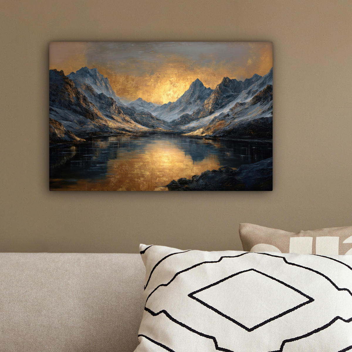 LEINWANDBILD Bergkulisse mit goldenem Sonnenuntergang Deko Schlafzimmer 30x20 cm - Goldfarben, Textil (30/20cm) - MuchoWow