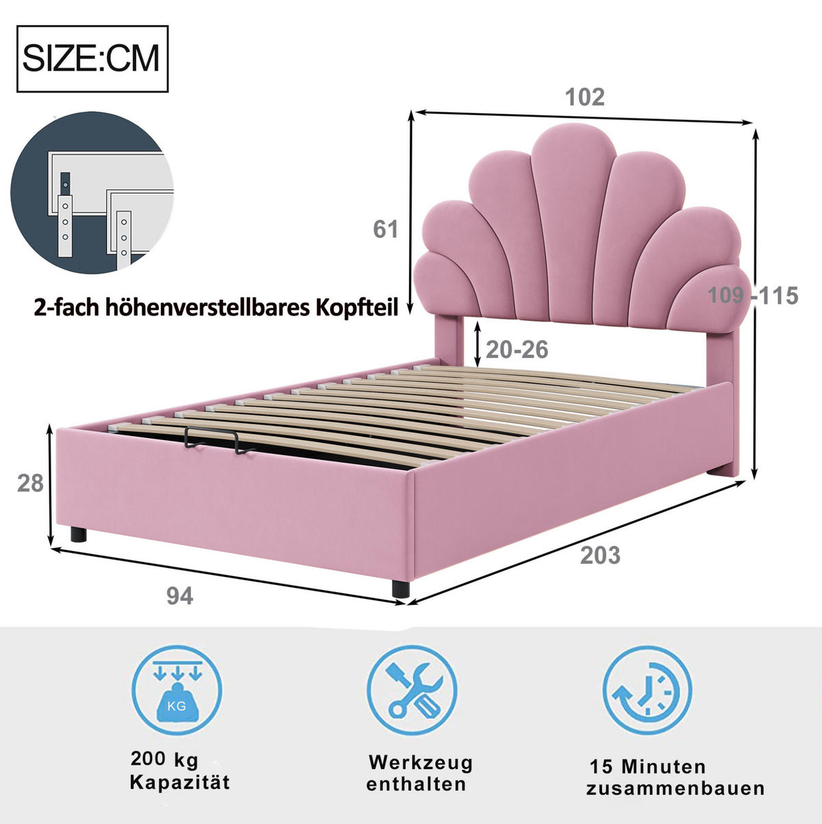 POLSTERBETT aus Samt 90x200 cm Rosa mit hydraulischem Stauraum und Lattenrost - Rosa, Textil (90/200cm) - IVMEU