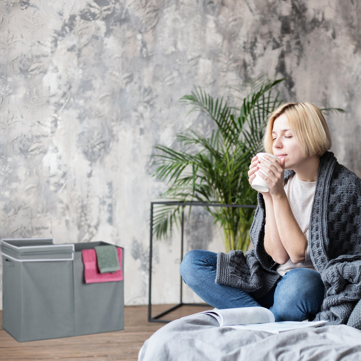 WÄSCHEKORB - Grau, Wellpappe/Textil (68/50/34cm) - Relaxdays