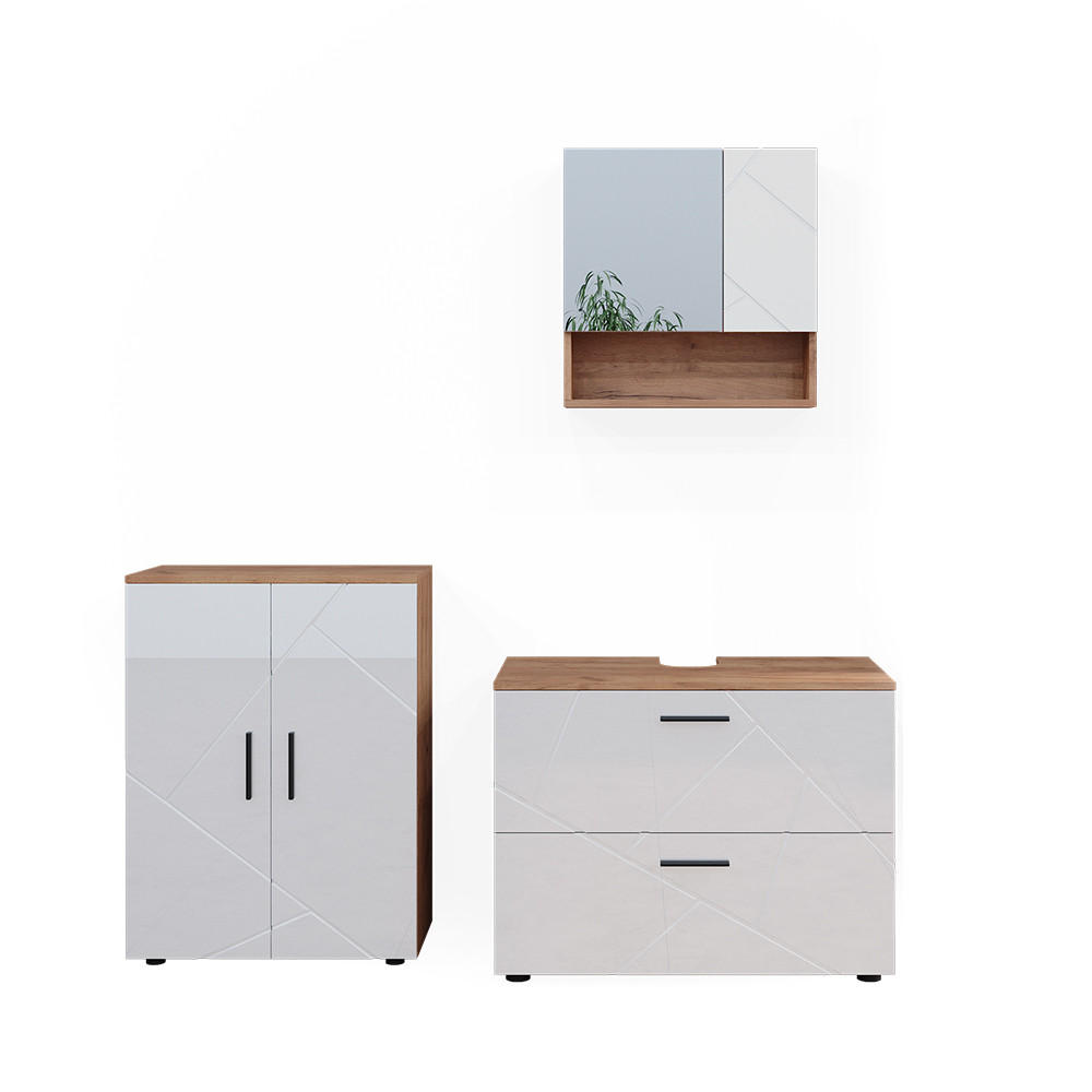 BADMÖBEL-SET Irma Weiß Hochglanz/Goldkraft Eiche 3 Teile mit Unterschrank 80 cm - Honigeiche/Weiß Hochglanz, Holzwerkstoff (80/58/41cm) - Vicco