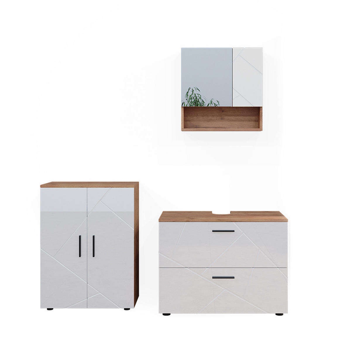 BADMÖBEL-SET Irma Weiß Hochglanz/Goldkraft Eiche 3 Teile mit Unterschrank 80 cm - Honigeiche/Weiß Hochglanz, Holzwerkstoff (80/58/41cm) - Vicco