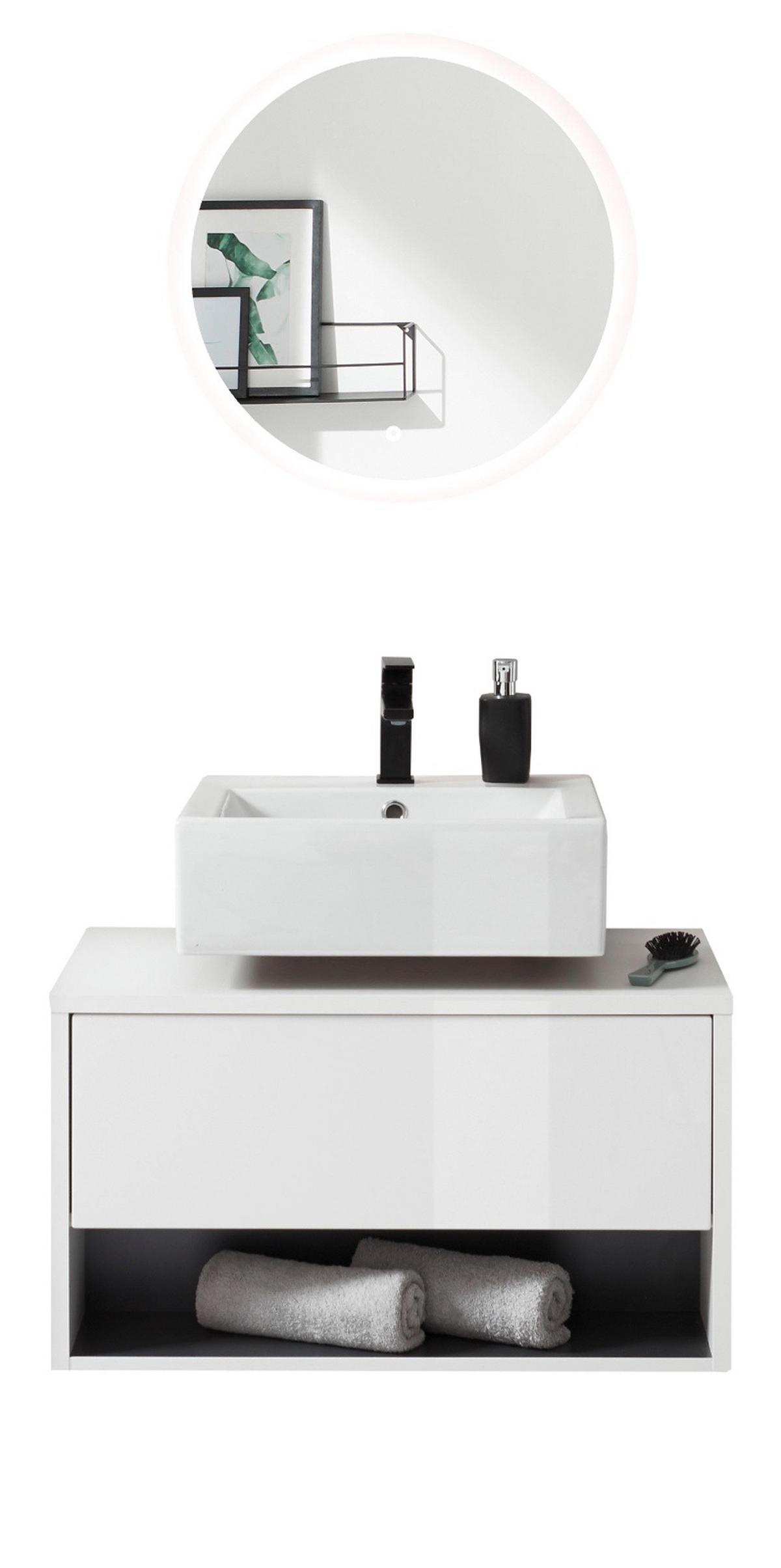 BADMÖBEL Set 2-teilig in weiß Hochglanz und grau mit LED Beleuchtung 80 x 190 cm Glide - Weiß Hochglanz/Grau, Glas/Holzwerkstoff (80/190/46cm) - Furn.Design