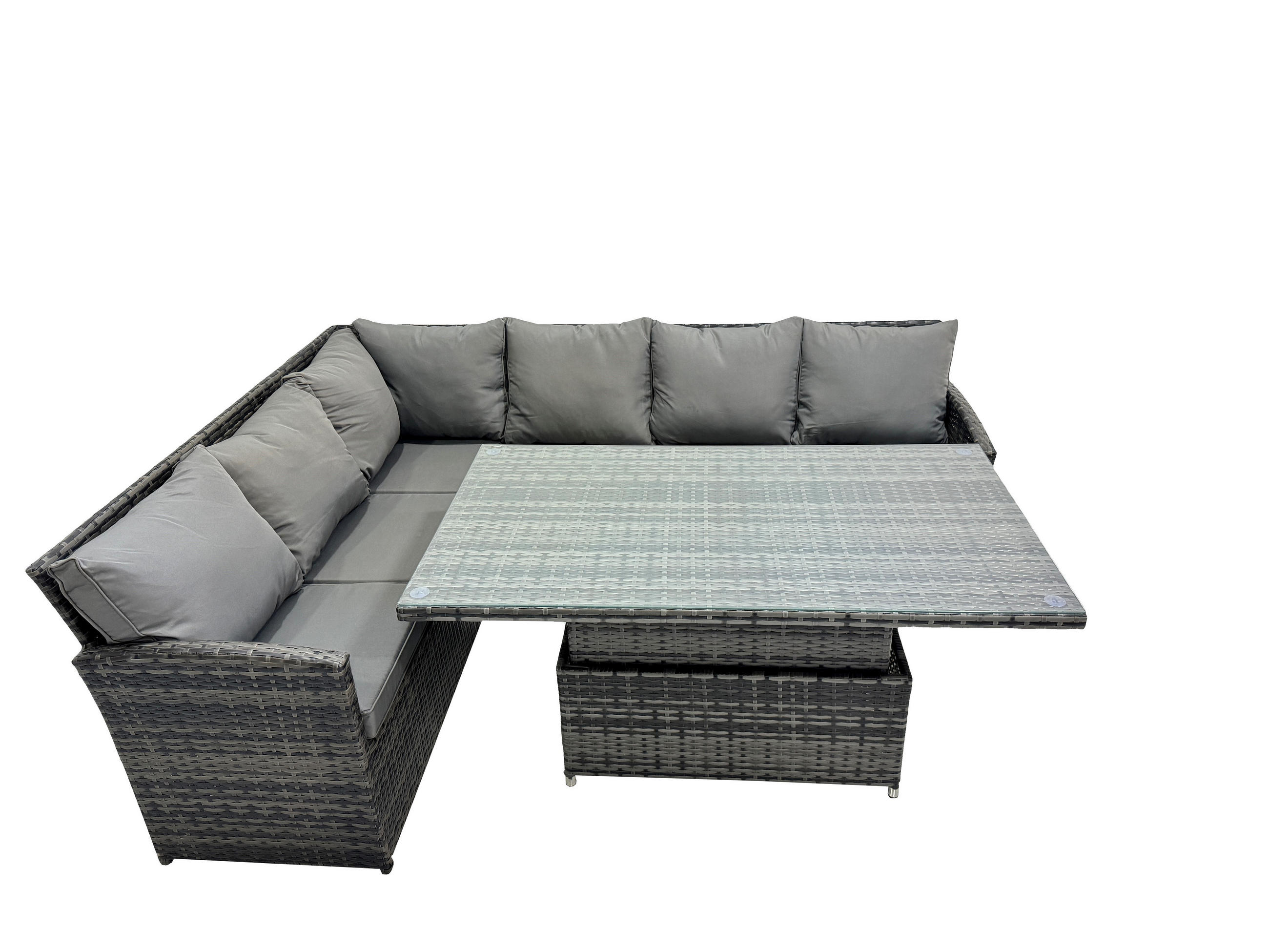 GARTENSET mit Höhenverstellbarer Tisch Polyrattan Dunkelgrau 6-Sitzer - Dunkelgrau/Grau, Glas/Kunststoff - Fimous