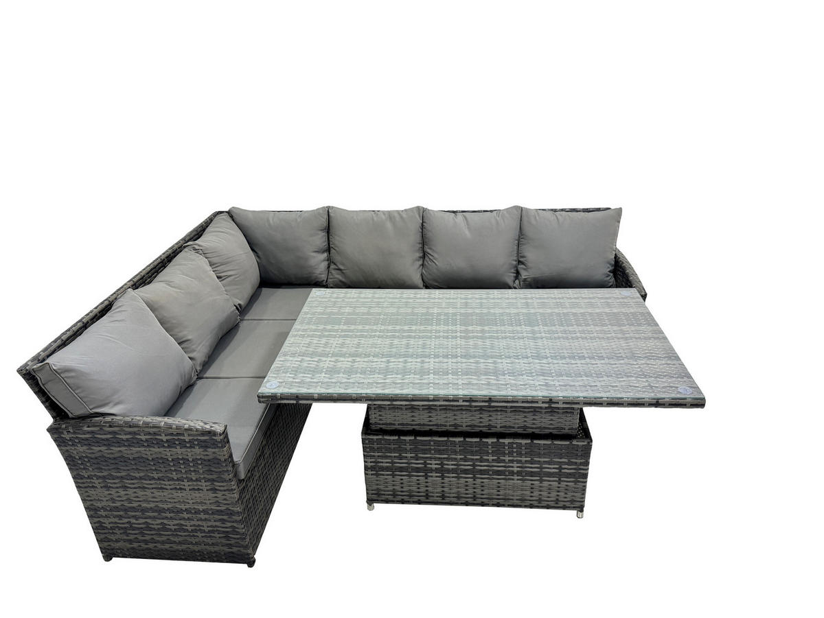 GARTENSET mit Höhenverstellbarer Tisch Polyrattan Dunkelgrau 6-Sitzer - Dunkelgrau/Grau, Glas/Kunststoff - Fimous