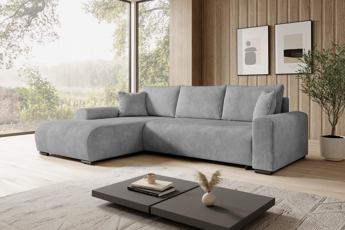 ECKSOFA Nelly mit Bettkasten und Schlaffunktion, Cordstoff in L-Form - Grau, Textil (270/185cm)