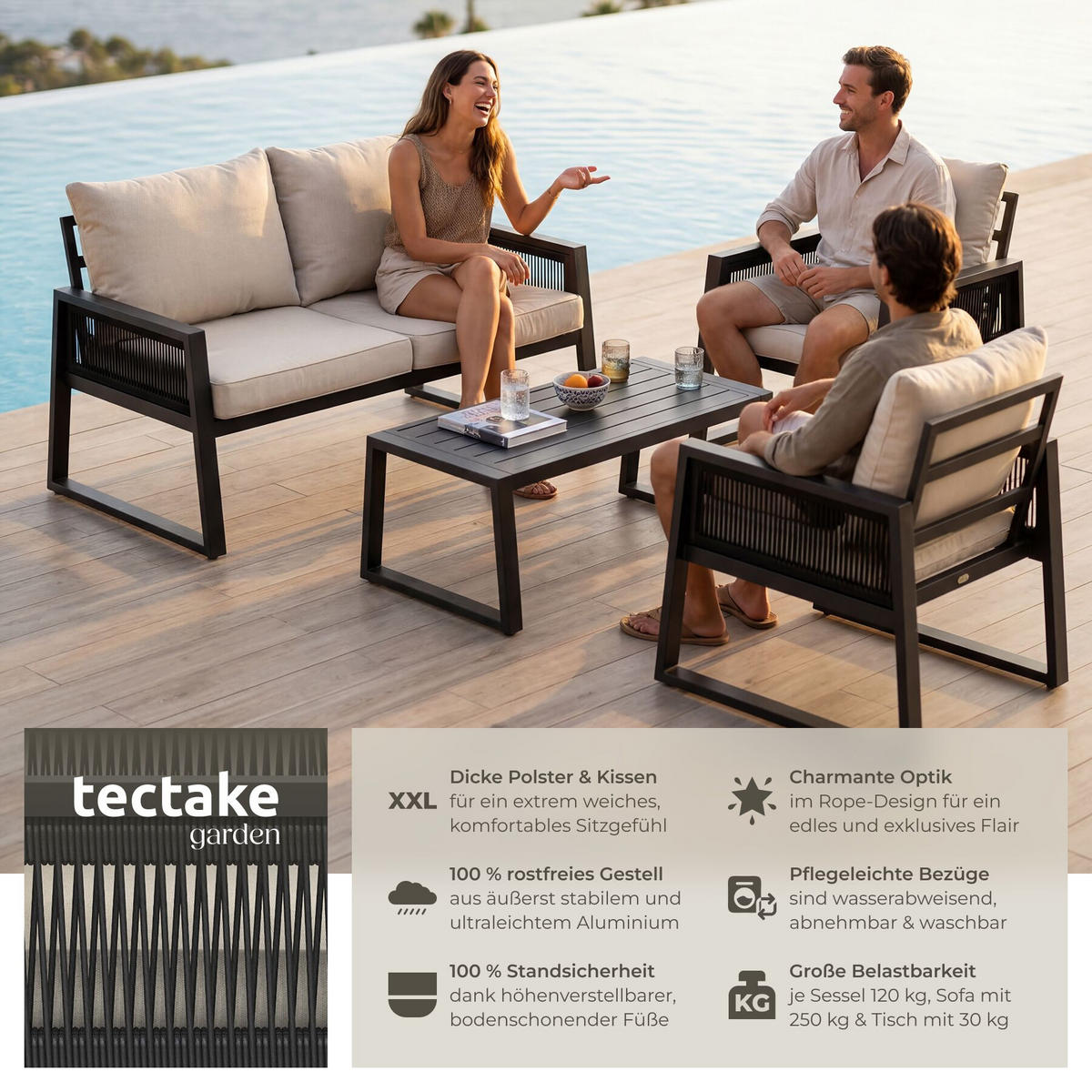 ALUMINIUM GARTEN-LOUNGE SET Captive, höhenverstellbare Füße, anthrazit - Anthrazit, Kunststoff/Metall - tectake