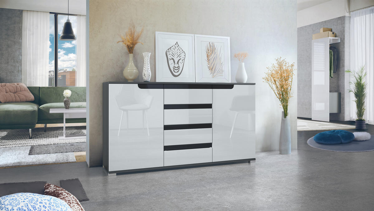 SIDEBOARD Sylt Weiß Hochglanz / Schwarz Hochglanz - Weiß Hochglanz, Holzwerkstoff (138.5/75.5/35cm) - Vladon