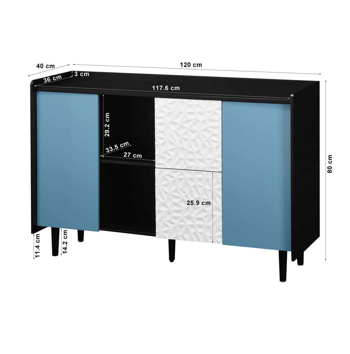 SIDEBOARD aus MDF 40x120x80 cm Schwarz/Blau mit 2 Schubladen, offenem Stauraum und Schranktür in modernem Design - Schwarz, Holzwerkstoff (120/80/40cm) - Modfu