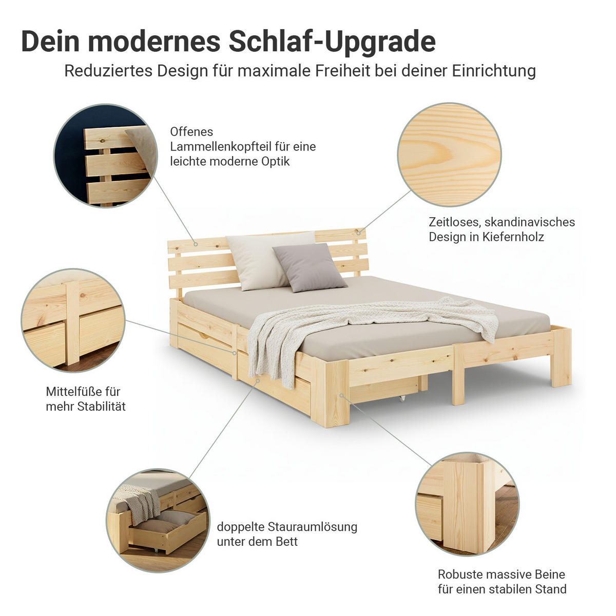 HOLZBETT mit Matratze und Stauraum 160/200 cm natur - Naturfarben, Holz (160/200cm) - Homestyle4u