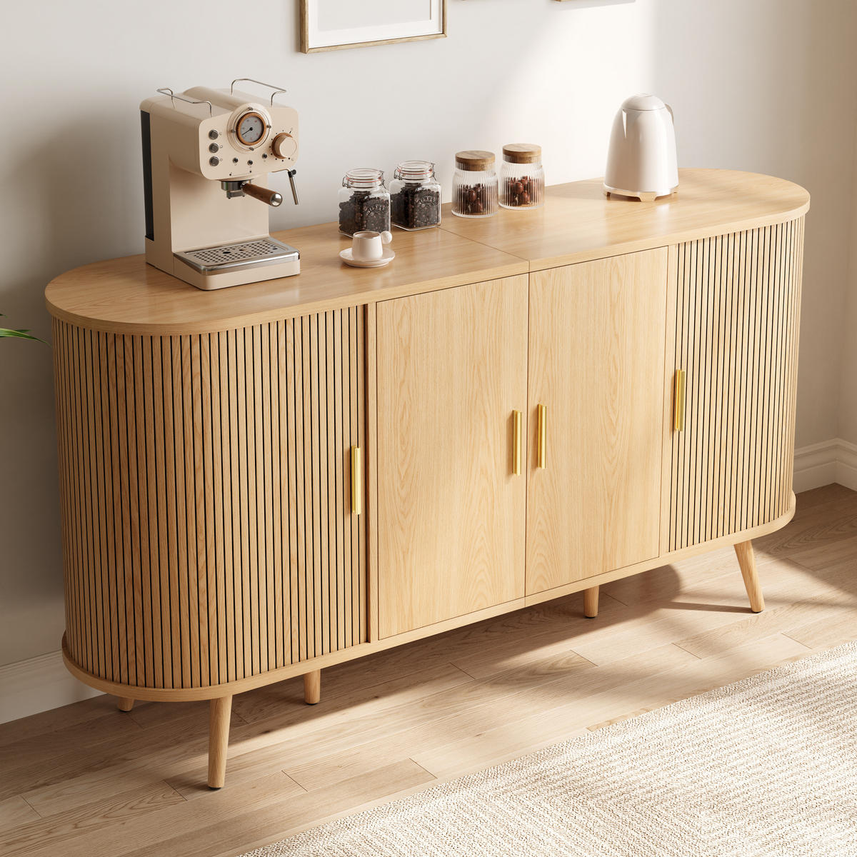 SIDEBOARD Schiebetüren Rillenoptik Metallgriffe Gebogenes Design - Naturfarben, Holzwerkstoff (150/79/40cm) - FLIEKS