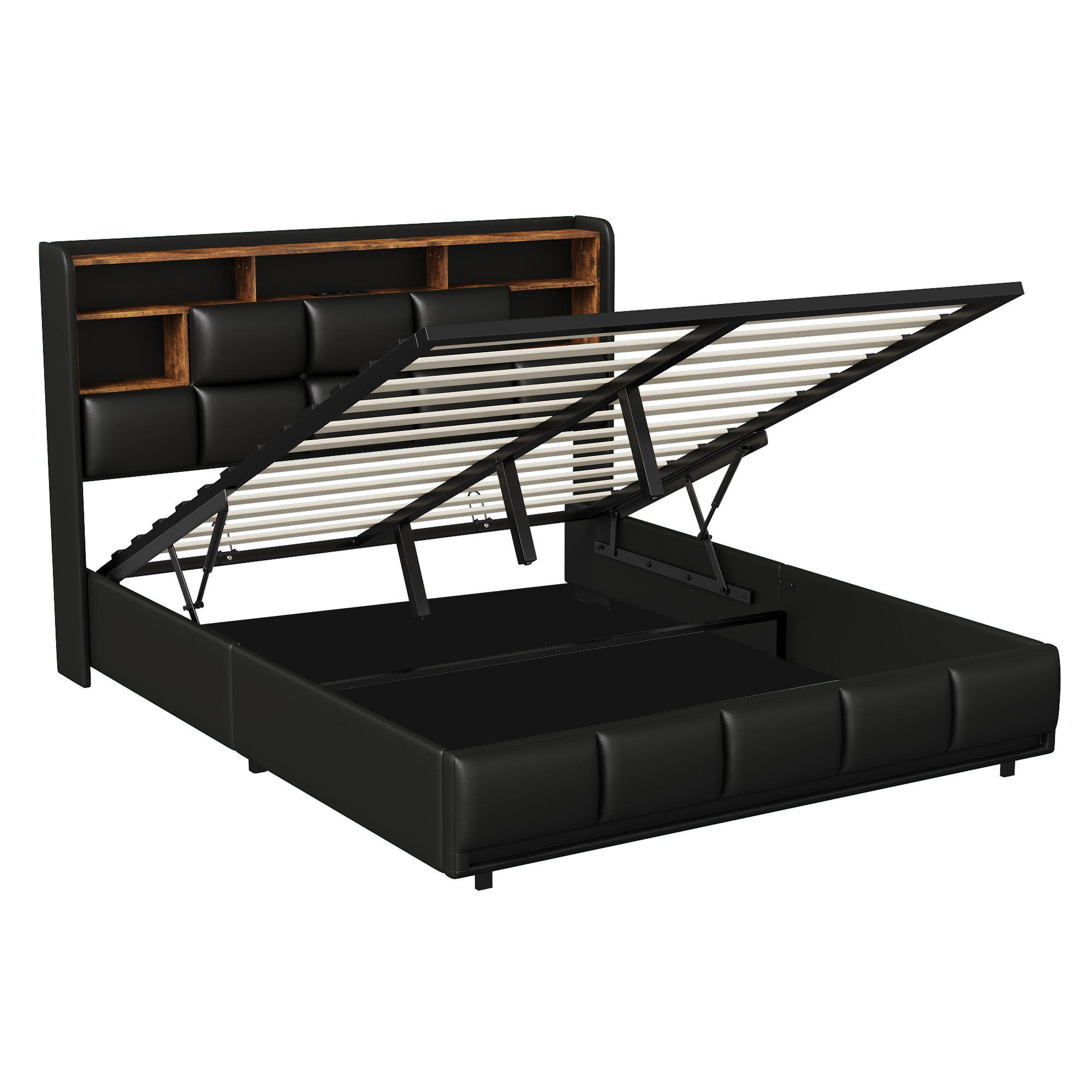 POLSTERBETT 140x200 cm mit LED, USB, Lattenrost, PU, Schwarz - Schwarz, Metall (140/200cm)