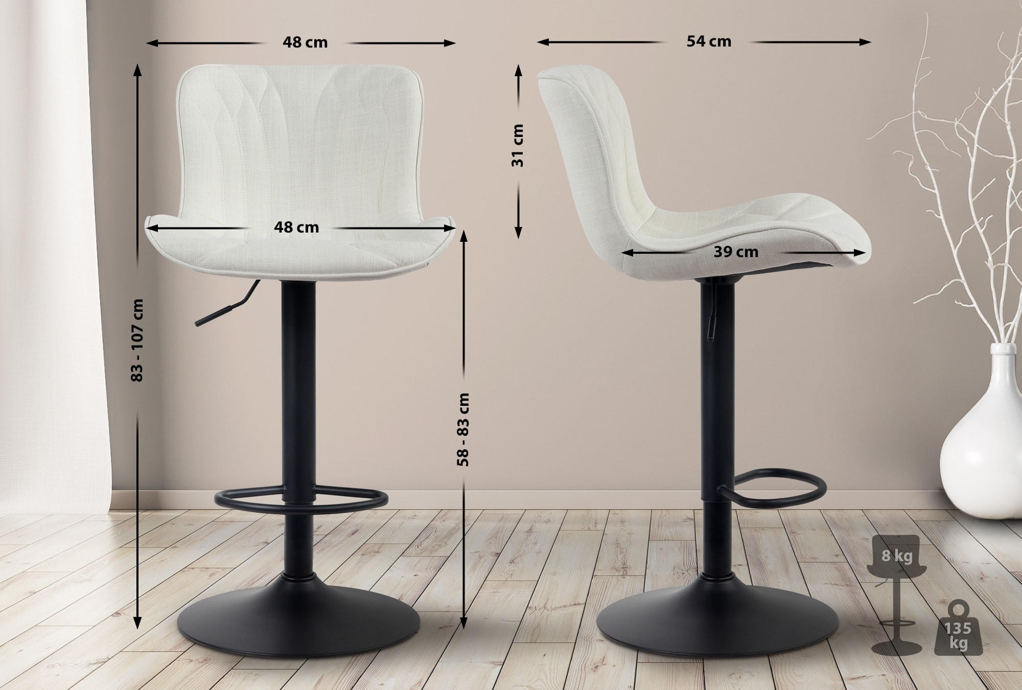 BARHOCKER 2er Set Stoff creme - Creme/Schwarz, Textil/Metall (48/83/54cm) - CLP