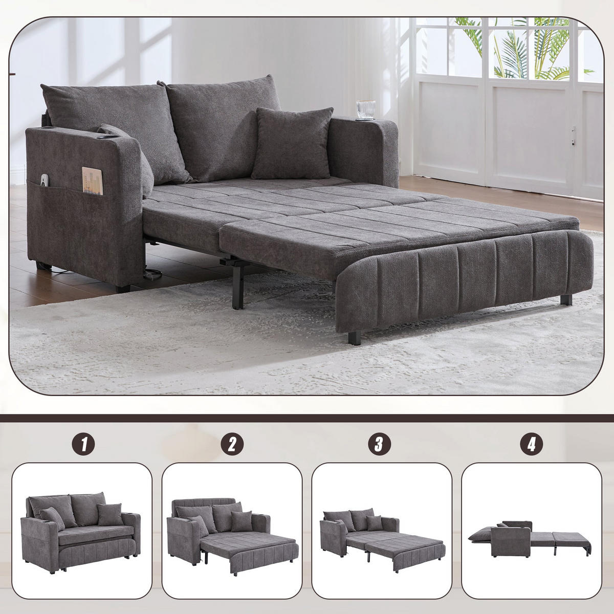 SCHLAFSOFA aus chenille mit bettfunktion, usb-anschluss & becherhaltern - Grau, Textil (139/83/73cm) - Urban Meuble