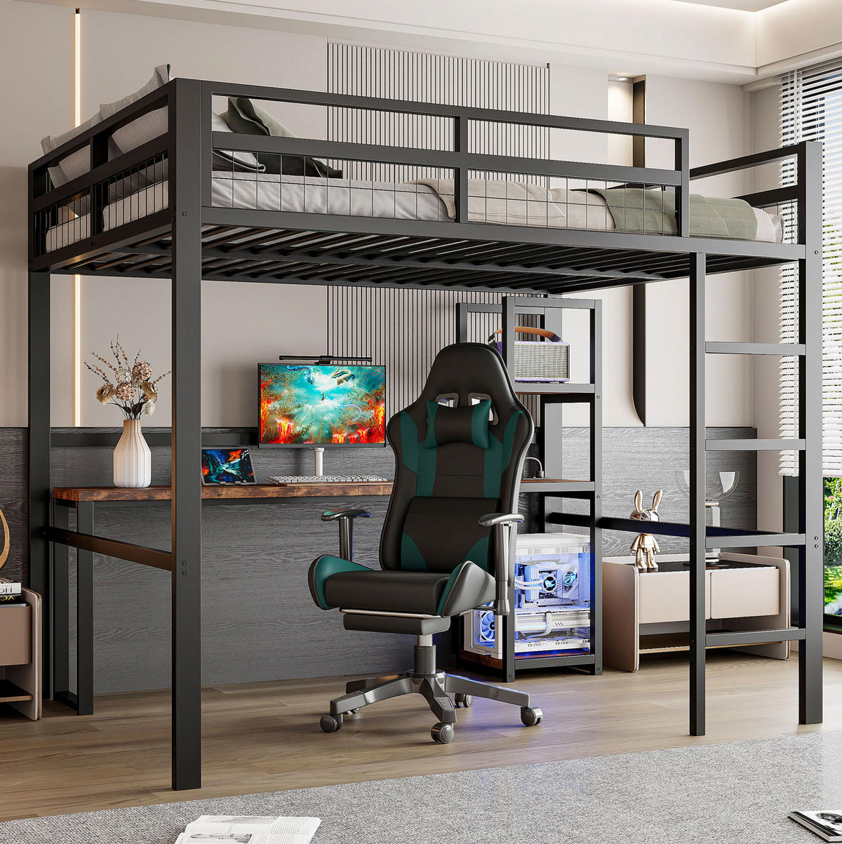HOCHBETT 140/200 cm Schwarz aus Metall mit Schreibtisch und Regalen - Schwarz, Metall (140/200cm) - OKMYHOME