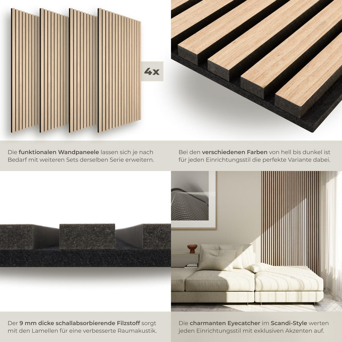 AKUSTIKPANEELE Sonic Wall, je 60 x 120 x 2,1 cm, Größe flexibel anpassbar, Eiche hell - Eichefarben, Holz (60/2.1/120cm) - tectake