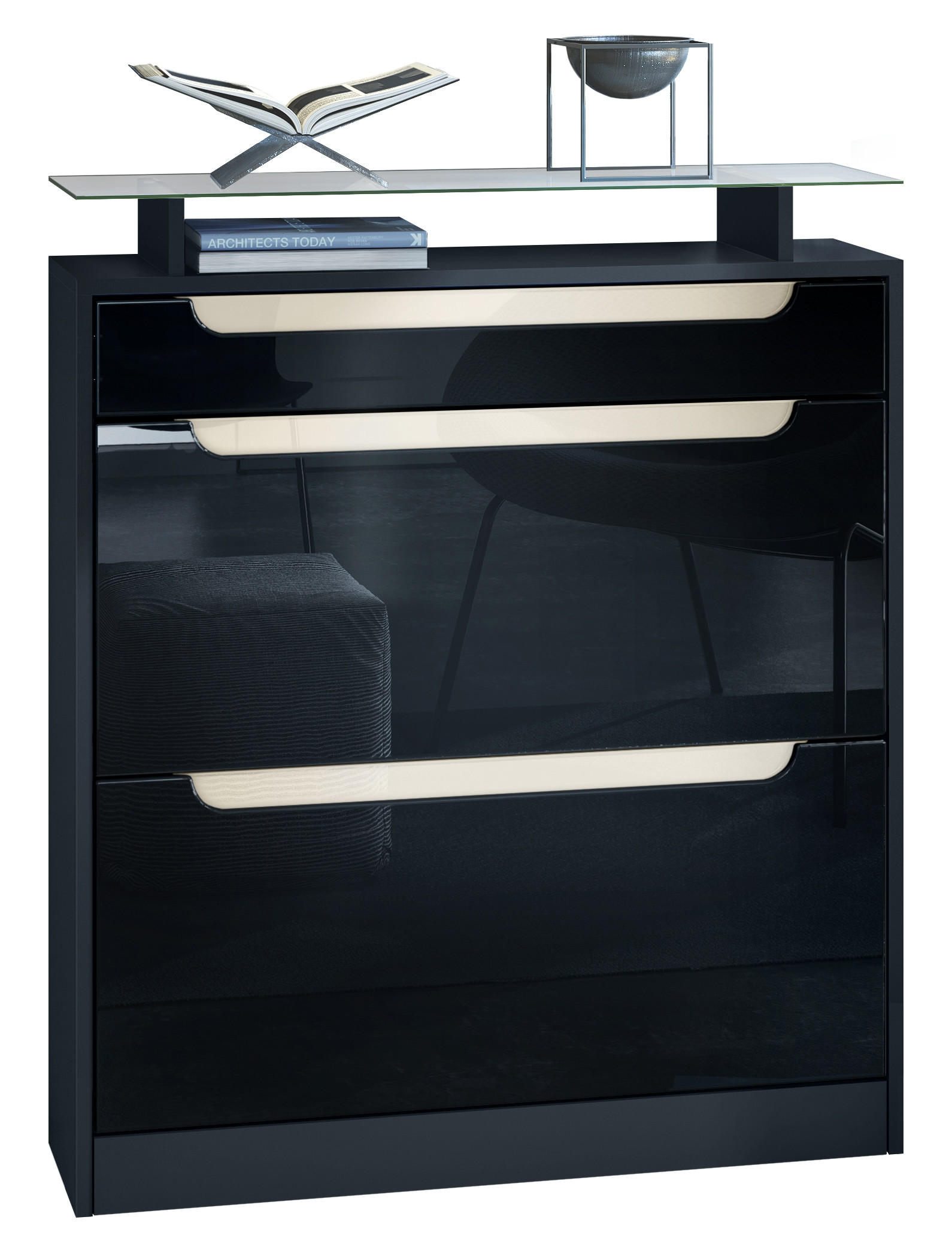 SCHUHSCHRANK Fiesta Schwarz Hochglanz / Creme Hochglanz - Schwarz Hochglanz, Holzwerkstoff (89/104/23cm) - Vladon