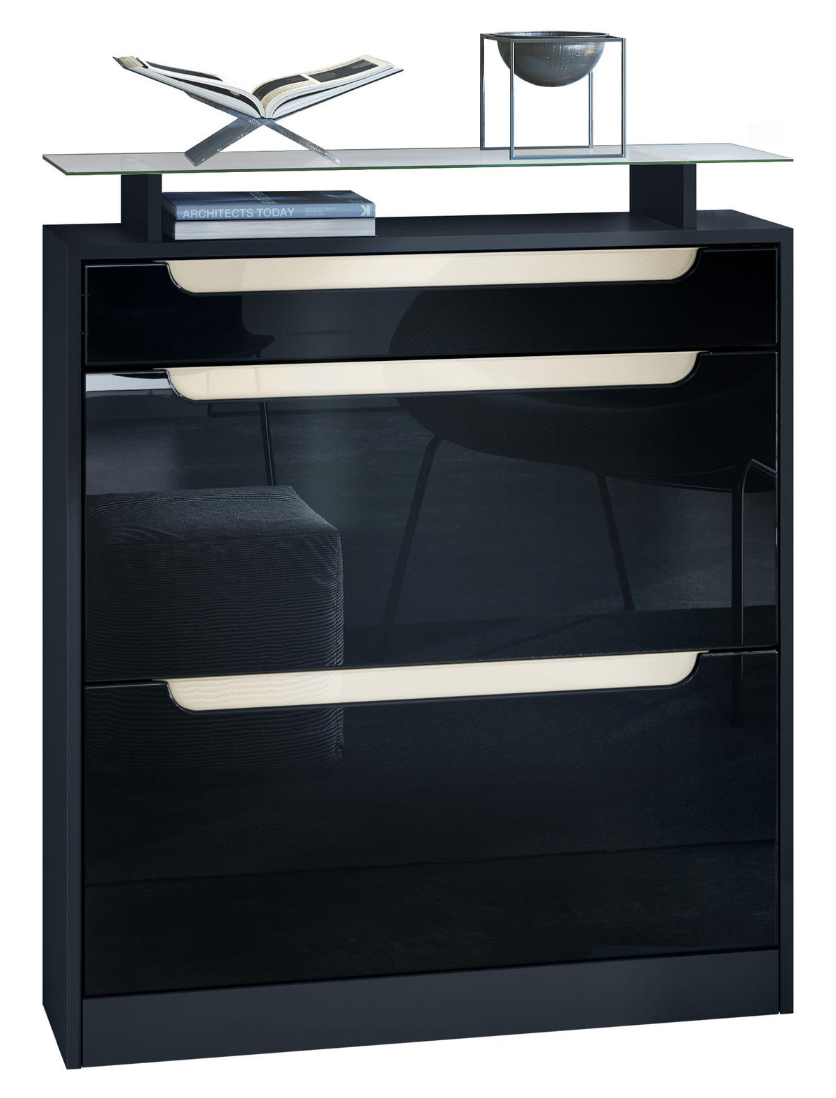 SCHUHSCHRANK Fiesta Schwarz Hochglanz / Creme Hochglanz - Schwarz Hochglanz, Holzwerkstoff (89/104/23cm) - Vladon