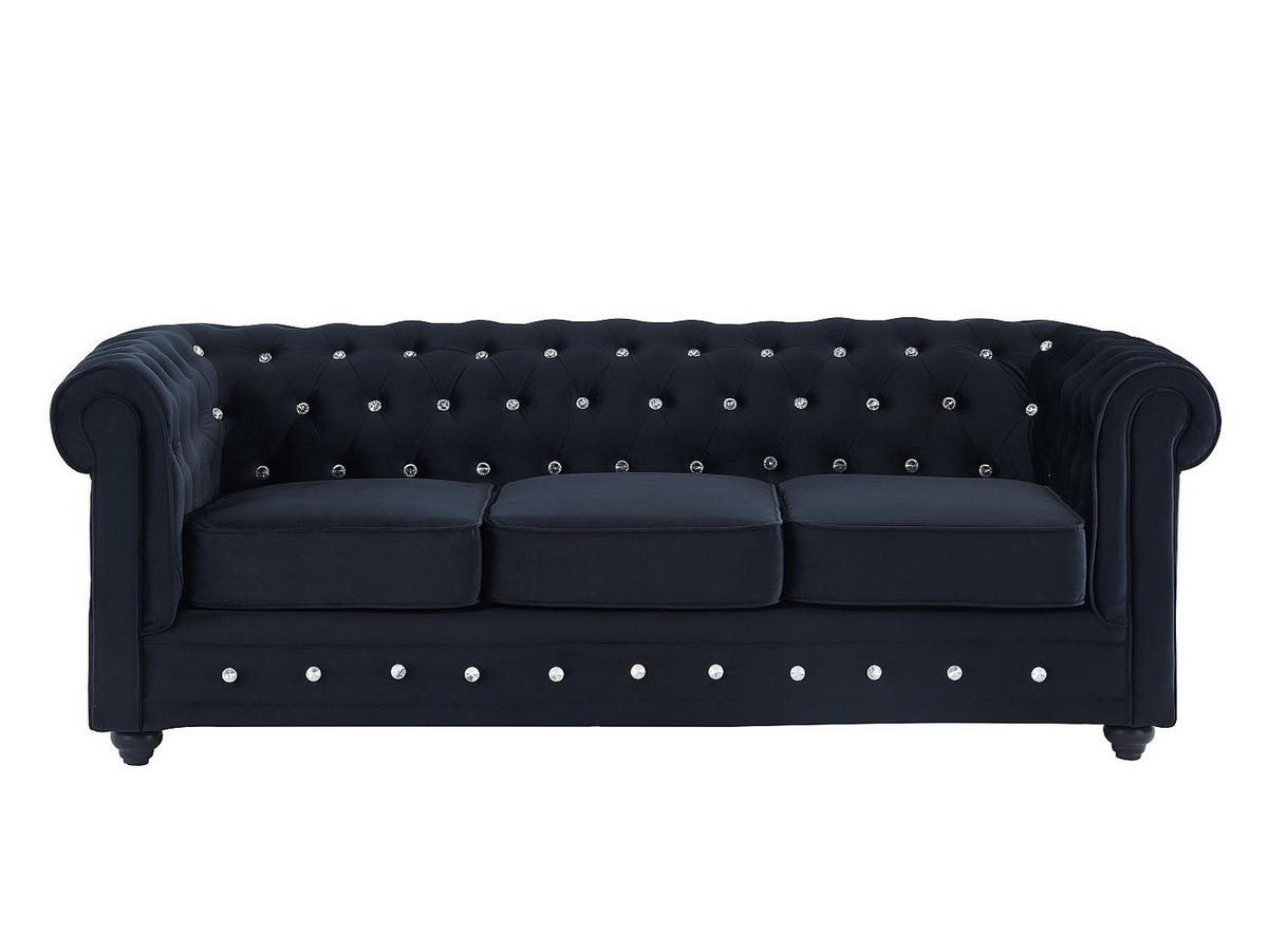SOFAS 3-Sitzer & 2-Sitzer - Samt - Schwarz mit Knöpfen in Kristall-Optik - CHESTERFIELD - Schwarz, Textil (205/72/88cm) - Vente-Unique