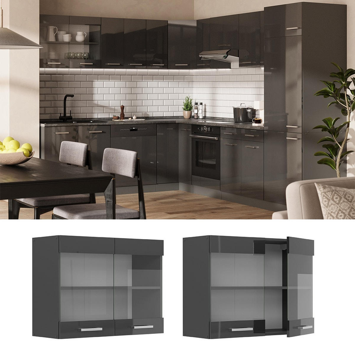 KÜCHENGLASSCHRANK R-Line Anthrazit Hochglanz 80 cm - Schwarz Hochglanz/Anthrazit, Holzwerkstoff (80/60/31cm) - Vicco