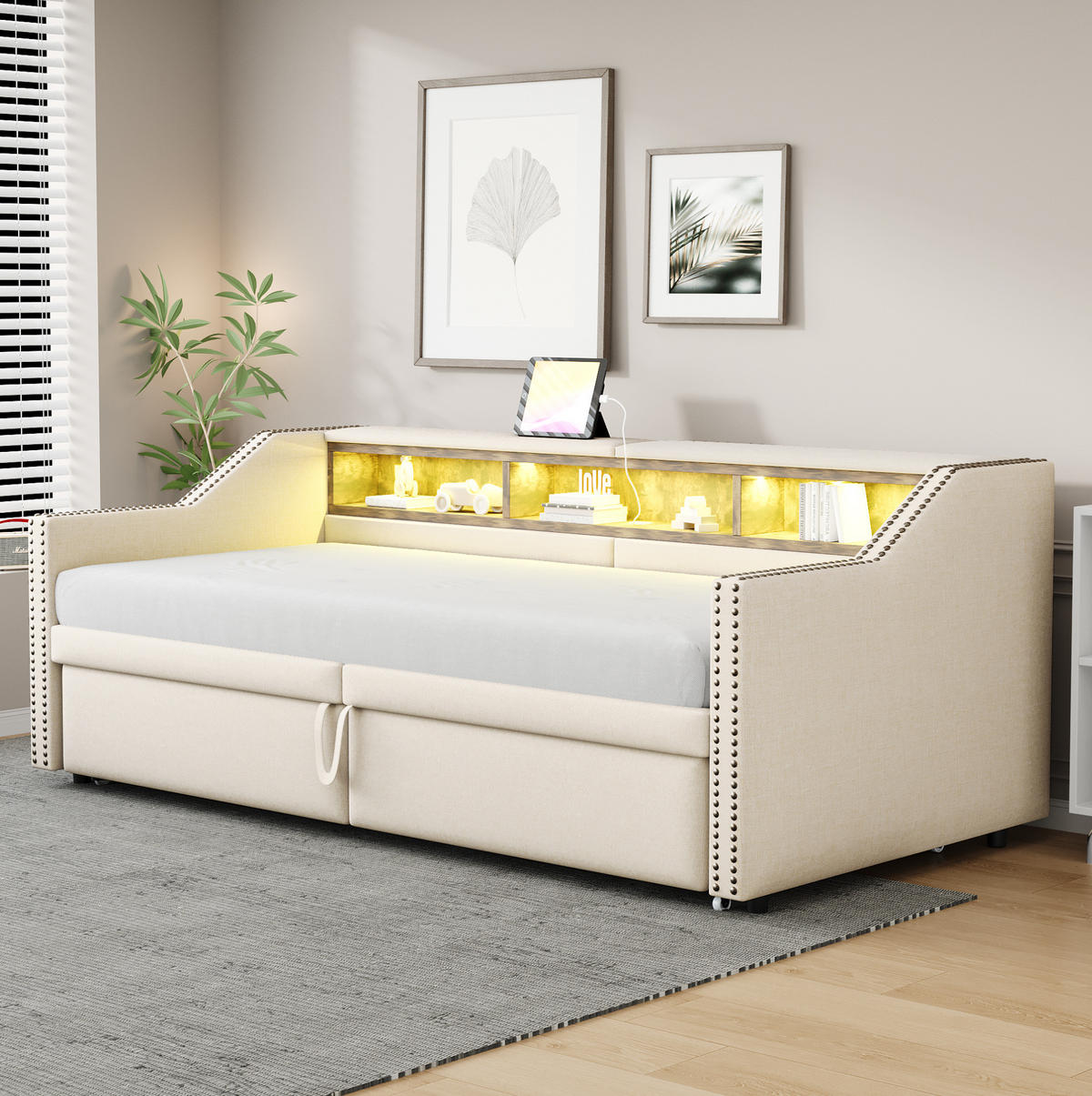 ROZKLÁDACÍ pohovka 90/180 x 200 cm béžová z lněné tkaniny s USB a úložnými přihrádkami - béžová, textil (90/200cm) - OKWISH