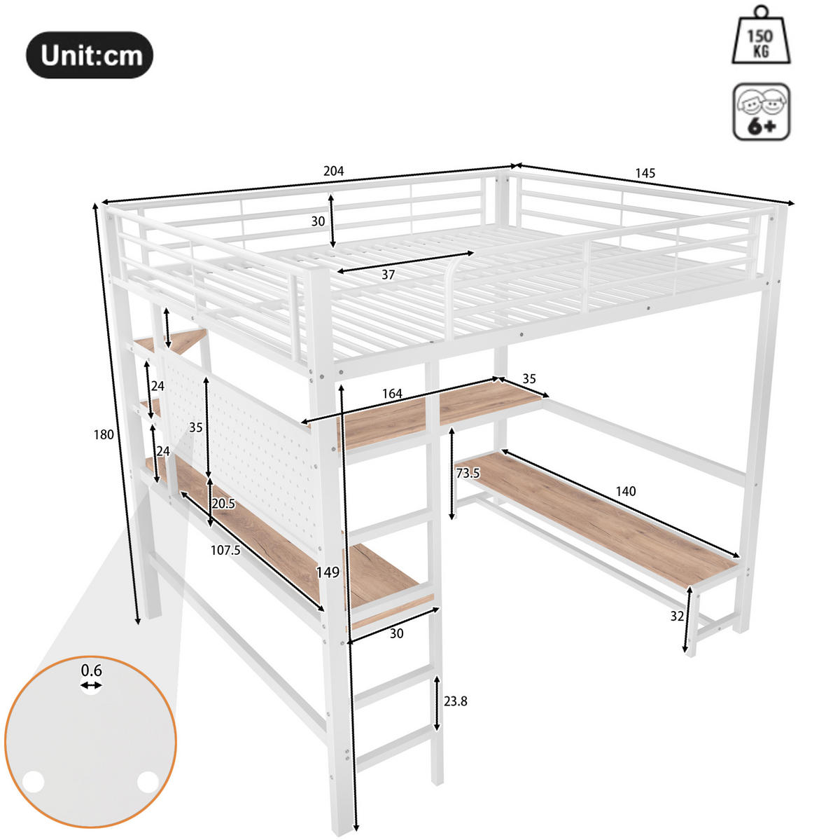 HOCHBETT 140/200 cm in Weiß mit Schreibtisch, Regalen und LED - Weiß, Metall (140/200cm) - BEAOK