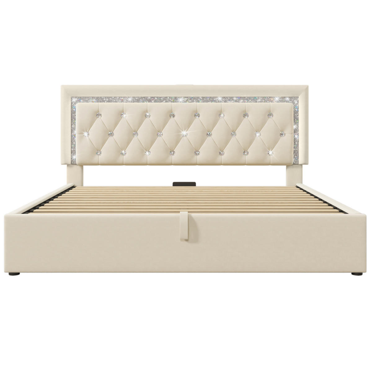 POLSTERBETT aus Samt 160x200 cm Beige mit LED-Beleuchtung, USB-C und Bettkasten - Beige, Textil (160/200cm) - IVMEU