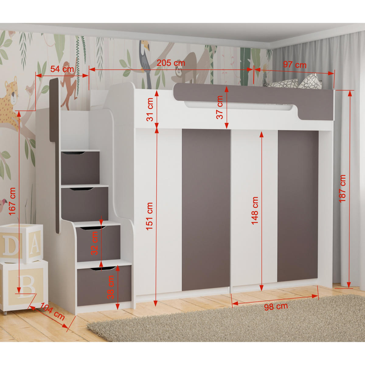 ETAGENBETT ARTHUR 90/200 in Weiß mit Kleiderschrank - Weiß, Holzwerkstoff (90/200cm) - Deine Möbel 24