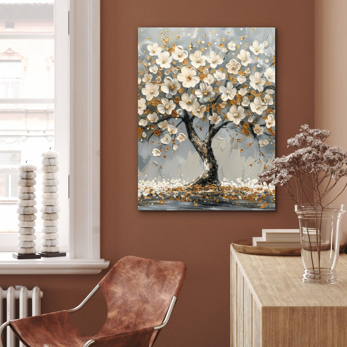 KOVOVÝ OBRAZ Strom - Kvety - Biela - Príroda - Umenie 60x80 cm - biela, kov (60/80cm) - MuchoWow