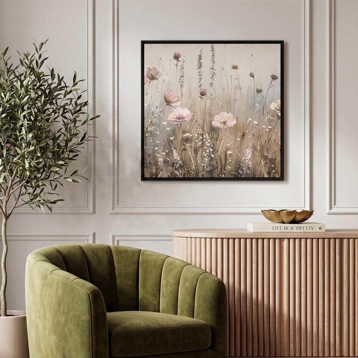 LEINWAND Bilder mit Rahmen - Blumen - Rosa - Modern - Beige - 50x50 - Beige, Textil (50/50cm) - MuchoWow