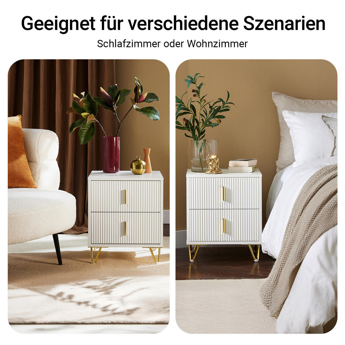 NACHTTISCH mit 2 Schubladen, Weiß, 40x47x40cm - Weiß, Holzwerkstoff/Metall (40/47/40cm) - SoBuy