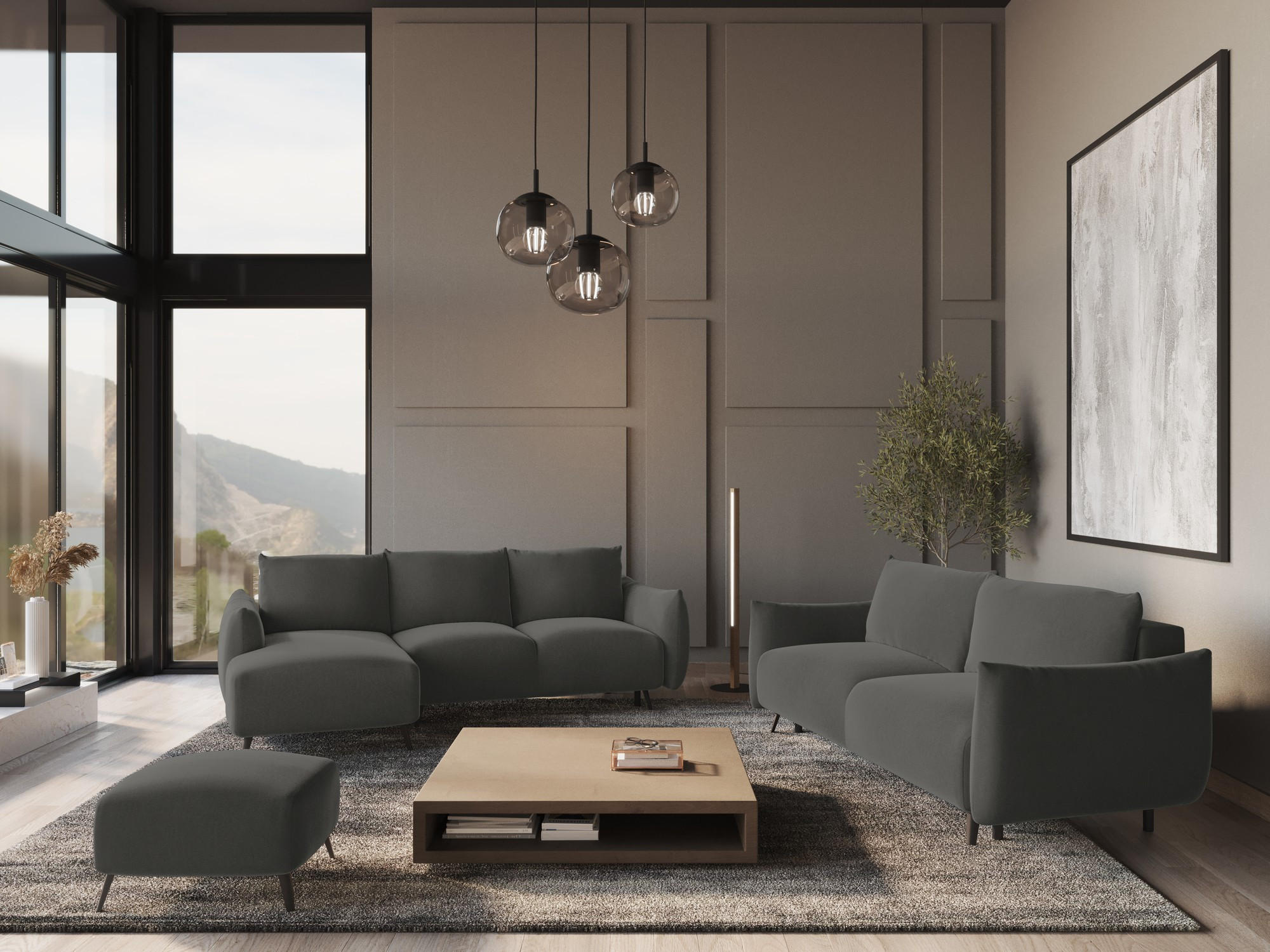 Thumbnail - Makamii Ecksofa, Dunkelgrau, Textil, 3-Sitzer, Füllung: Schaumstoff, L-Form, Ottomane links, 242x162 cm, Made in EU, Woh...