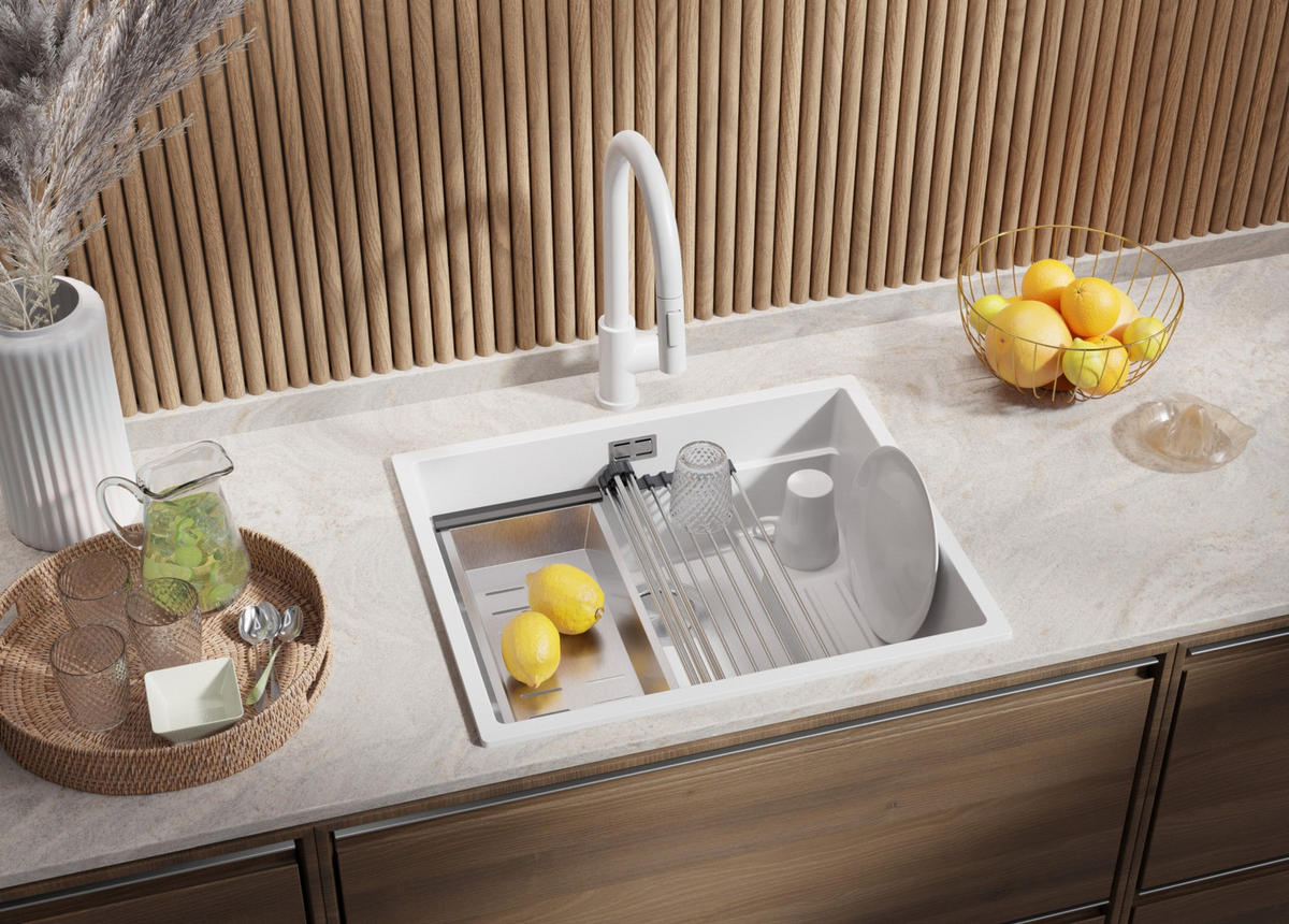 SPÜLBECKEN Praga Slim, 2-er set Weiß 56/47 cm 1 Becken + Ablauf-Set + Aufrollbare Abtropffläche ab 60er Unterschrank - Chromfarben/Weiß, Kunststoff (56/20/47cm) - Primagran