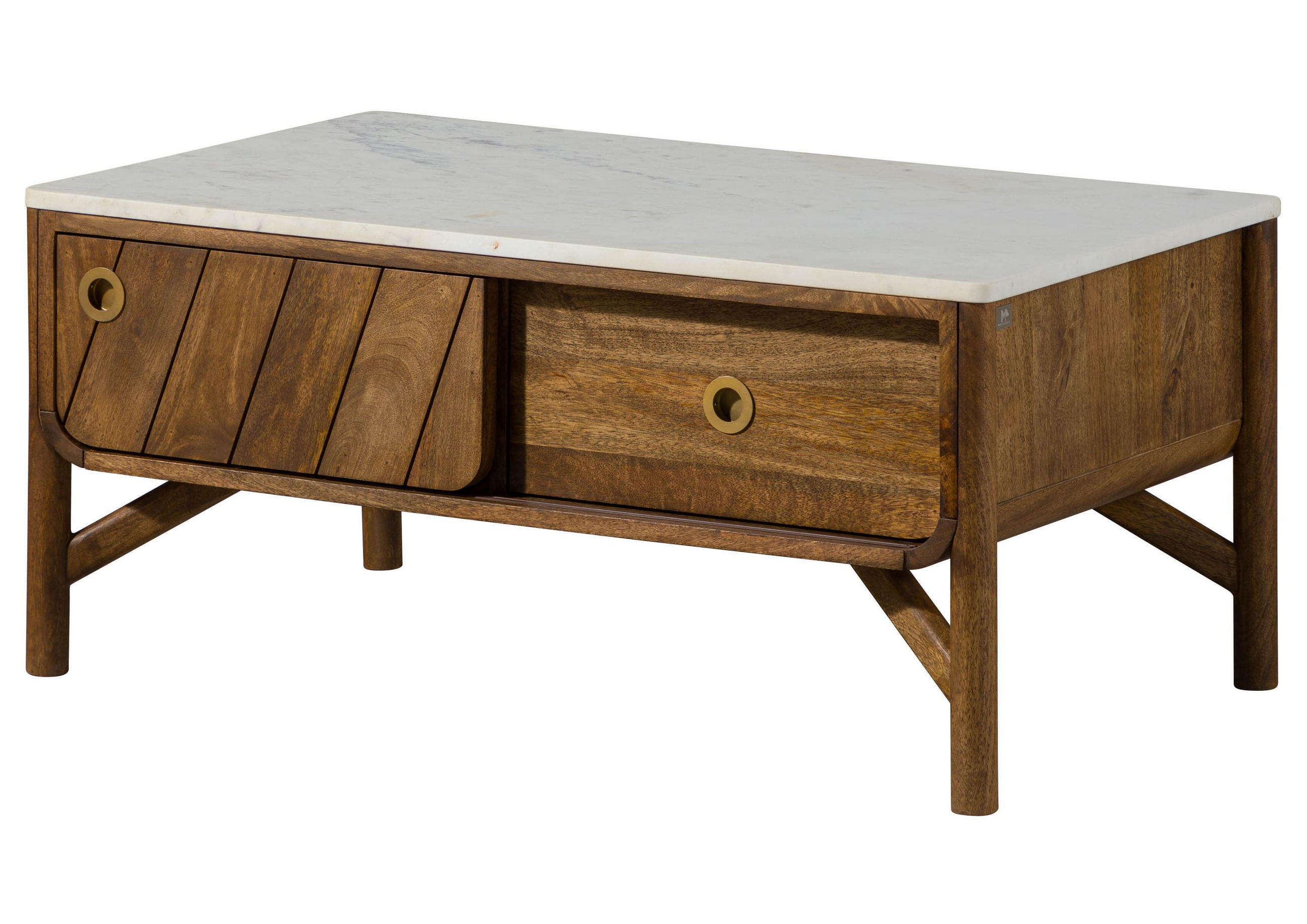 COUCHTISCH Mango 100x60x45 braun geölt / echter Marmor LOS ANGELES #05 - Braun/Weiß, Holz (100/60/45cm) - Massivmoebel24