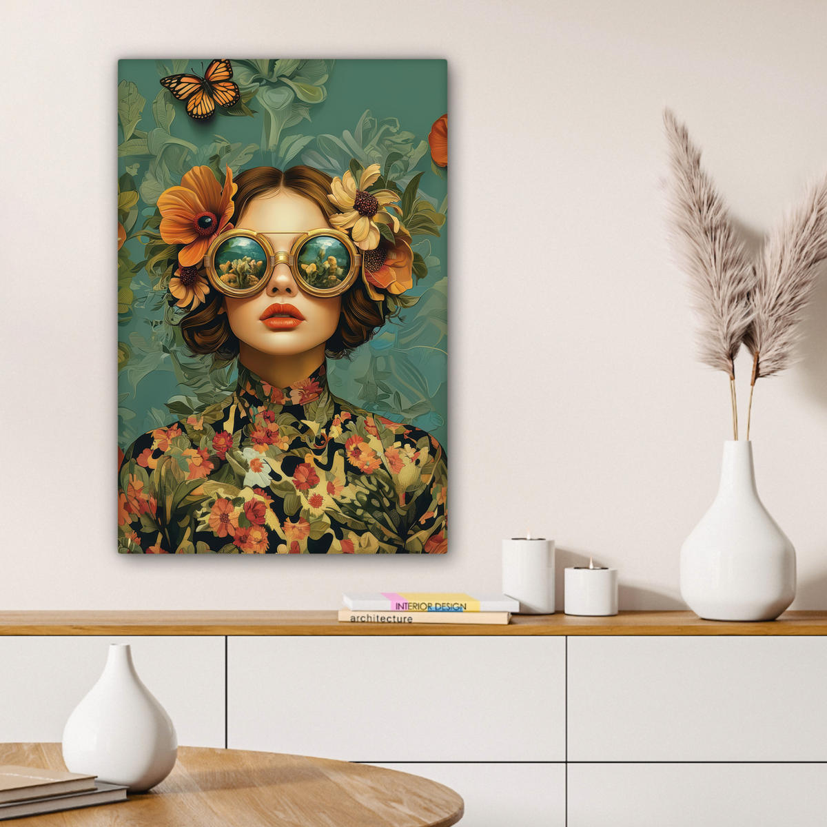 LEINWANDBILD Frau - Blumen - Schmetterlinge - Natur - Vintage Wanddeko Schlafzimmer 60x90 cm - Salbeigrün, Textil (60/90cm) - MuchoWow