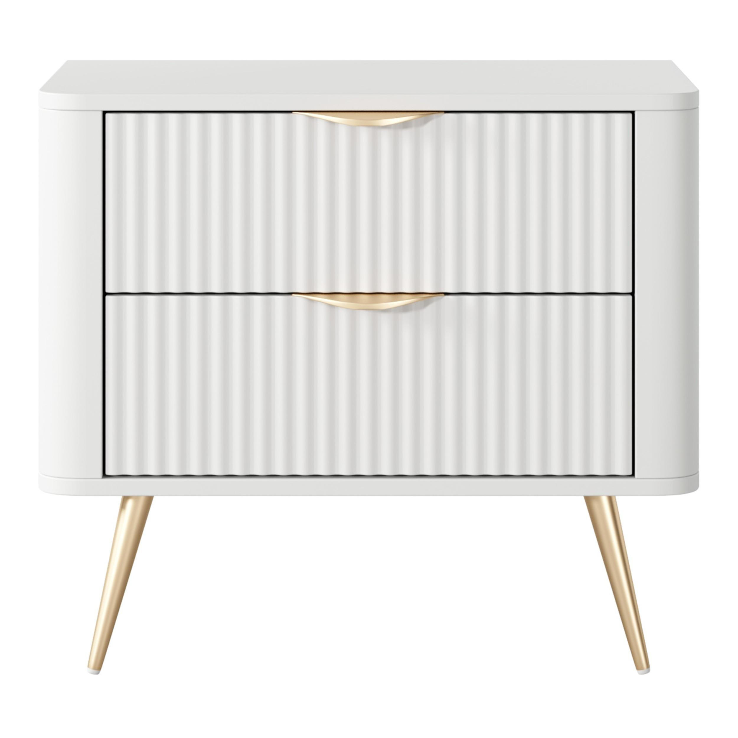 NACHTTISCH Vespasia 2S Beige 63,2/55,3/38 cm – Geriffelte Fronten - Goldfarben/Weiß, Holzwerkstoff/Metall (63.2/55.3/38cm) - AX Living