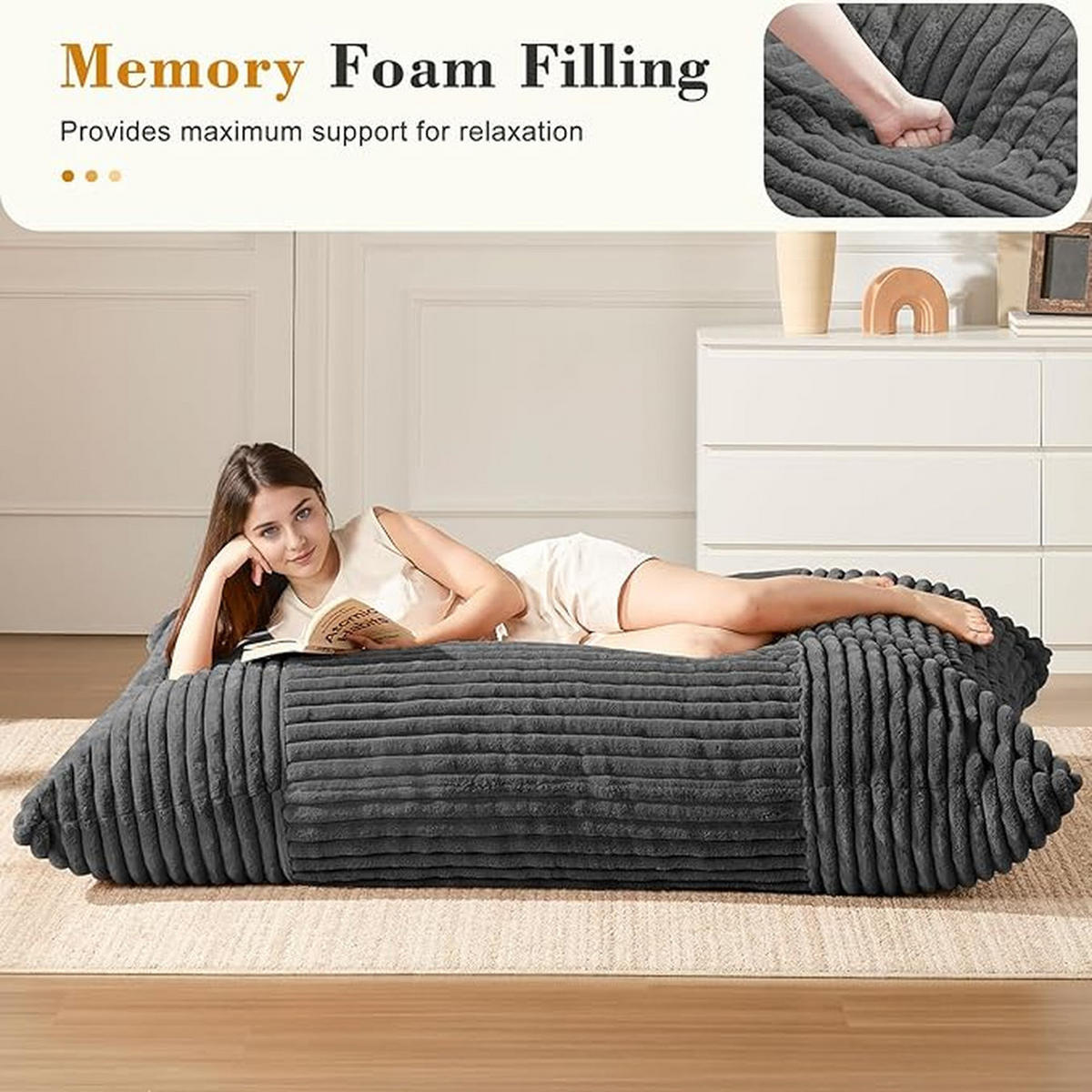 SITZSACK Bodensofa Stoff 180x125cm Grau Verwandelbar Bequem - Dunkelgrau, Textil (125/26/180cm) - Raelunyi