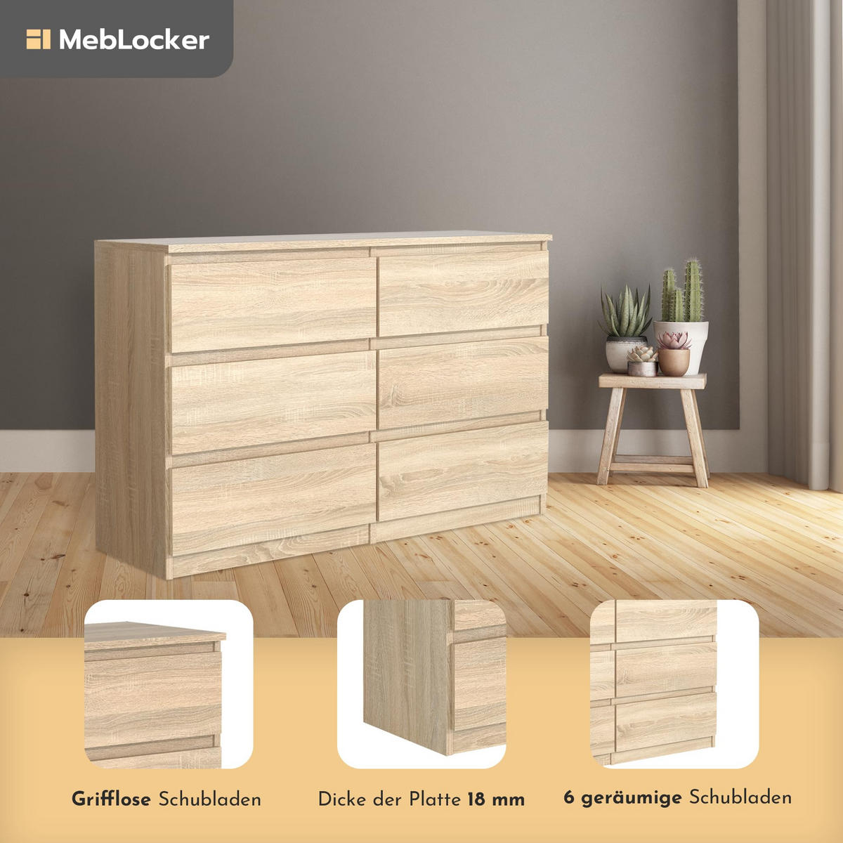 KOMMODE mit 6 Schubladen 120 cm SonomaEiche - Sonoma Eiche, Holzwerkstoff (120/78.5/39cm) - MebLocker