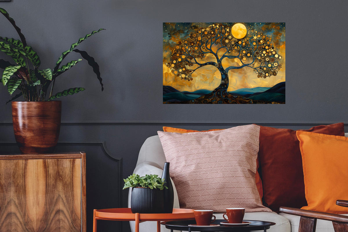 WANDTATTOO Baum - Mond - Blumen - Gold - Kunst 60x40 cm - Orange, Kunststoff (60/40/0.1cm) - MuchoWow