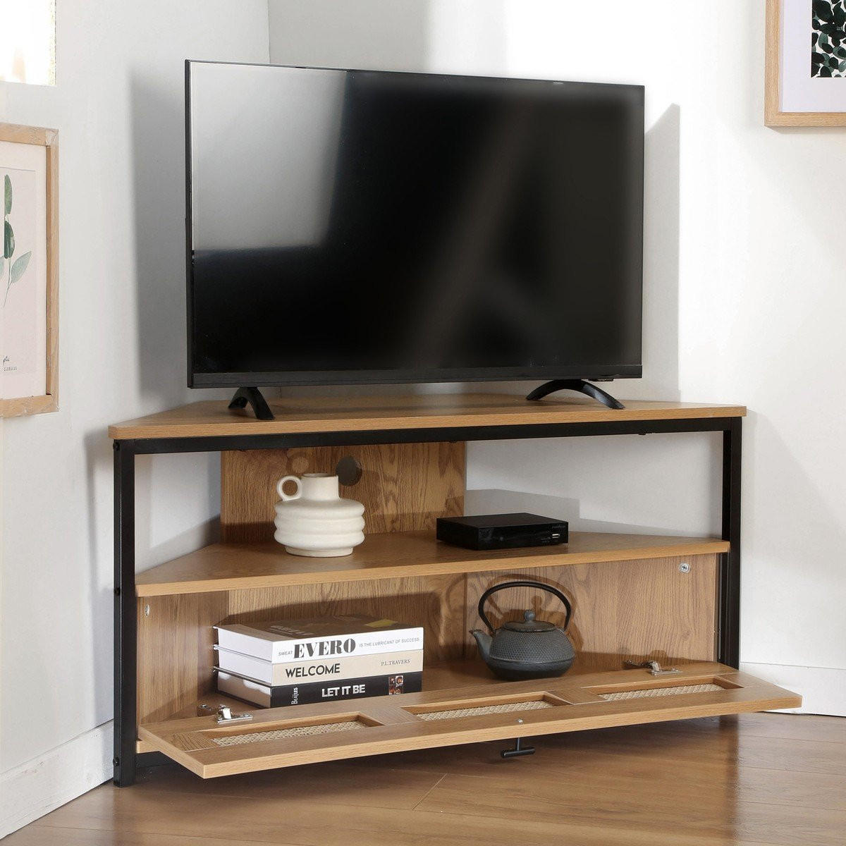 ROHOVÁ TV skříňka s 1 dvířky a ratanovým závěsem, šířka 100 cm - JAYA - jabloňová, kompozitní dřevo (30/45/100cm) - Calicosy