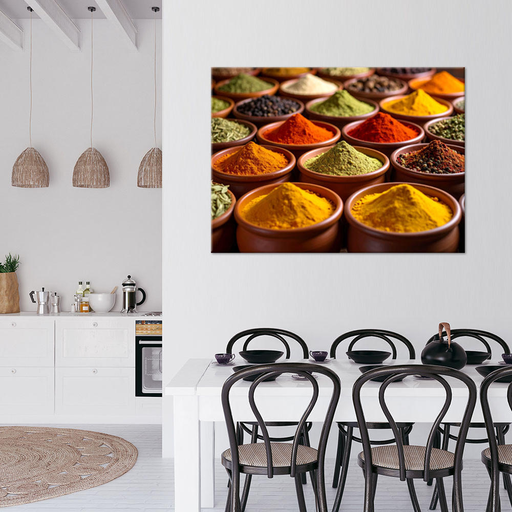 LEINWANDBILD Gewürze und Kräuter in Schälchen 90x60cm - Multicolor, Textil (90/60cm) - Feeby