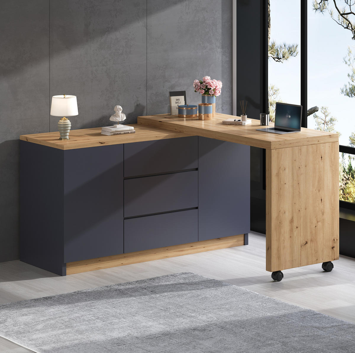 SCHREIBTISCH 120/50/76,5 cm drehbar & klappbar mit 3 Schubladen - Grau, Holzwerkstoff (120/50/76.5cm) - BEAOK